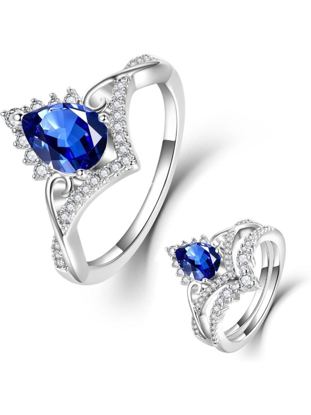 Teardrop CZ Engagement Ring Set - Vintage Sterling Silver Bridal & Promise Bands